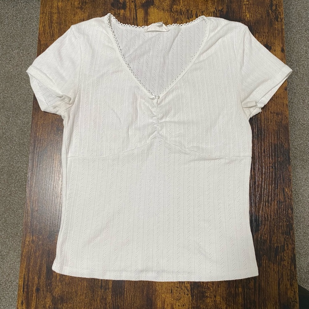 Adorable Coquette Downtown Girl White Pointelle Scalloped Lace Trim Babydoll Top